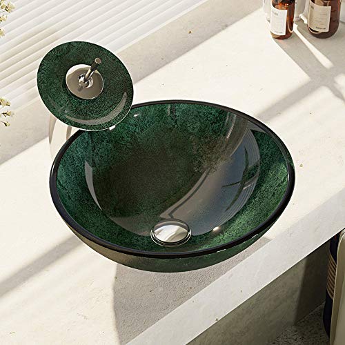 R5-5027-WF-C Forest Green Glass Vessel Bathroom Sink with Chrome Waterfall Faucet, Sink Ring, and Vessel Pop-Up Drain