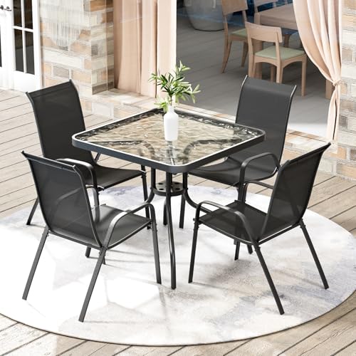 Arlopu 5 Piece Outdoor Patio Dining Set (Umbrella not Included), Porch Furniture with 4 Textline Chairs, 1 Square Glass Table for Garden, Backyard and Poolside, Lawn (Black)