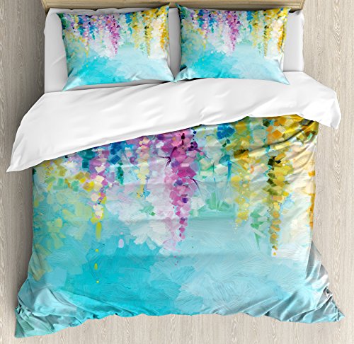 Ambesonne Flower Duvet Cover Set, Abstract Ivy Romantic and Landscape Spring Floral Artwork Nature Theme, Decorative 3 Piece Bedding Set with 2 Pillow Shams, King Size, Turquoise Purple