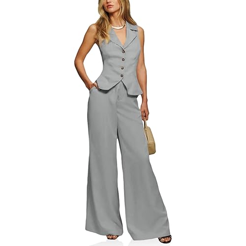 Cicy Bell Womens Vest Sets Summer 2 Piece Outfits Button Crop Blazer Vest and Wide Leg Pant Suits