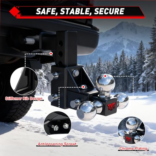 Image of TYT Adjustable Tri-Ball Trailer Hitch for 2 inch Receiver, 5 inch Drop /Rise, Triple Balls (1-7 /8 inch, 2 inch, 2-5 /16 inch), 10,000 lbs GTW, 1,000 lbs TW, Includes Hitch Pin Lock & Tri Pins