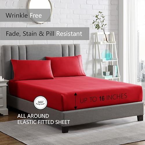 American Home Collection King Size Sheet Set - 16-Inch Deep Pocket - Ultra Soft Microfiber Bed Sheets - Breathable, Wrinkle and Fade Resistant, Easy Care - 4 Piece Set (King, Red)
