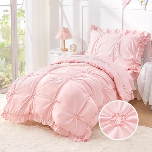 Image of Princess Toddler Bedding Set for Girls, 4 Piece Ruffles Jacquard Embroidery Toddler Bed Sheets with Boho Toddler Comforter, Fitted Sheet, Flat Sheet and Pillowcase, Pink