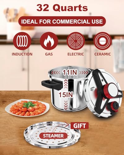Image of 18 /8 Stainless Steel Pressure Cooker 32 QT: [Explosion-Proof] [One-Hand Locking] Stainless Steel Pressure Canner for Canning, Induction Compatible, Steamer Rack Included, Olla de Presion