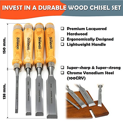 Professional Wood Chisel Set with Tools Roll Bag – Carving & Woodworking Equipment with Chrome Vanadium Steel Blades & Ergonomic hardwood Handles – Sizes 6mm, 13mm, 18mm, 24mm (1/4”, 1/2”, 3/4”, 1”)