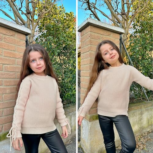 Image of Curipeer Girls Pullover Sweaters, Lace-up Long Sleeve Crewneck | Soft Warm Classic Cable Knit, Winter Fall Spring Daily Wear, Little Kids Tween Girl