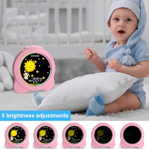 Sinoviwe Kids Alarm Clock Sun & Moon LED Display with Day & Date OK to Wake Clock with Night Light for Kids Children's Sleep Trainer Gift for Boy and Girls (Pink) - image 7