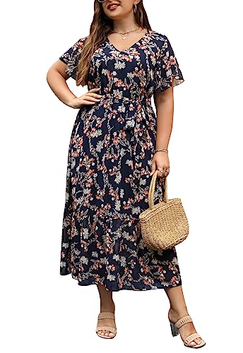 Nemidor Womens Casual Plus Size Boho Print Belted Layered Chiffon Long Dress With Ruffle Sleeve Nem310(26,Navy Print) #TOP12