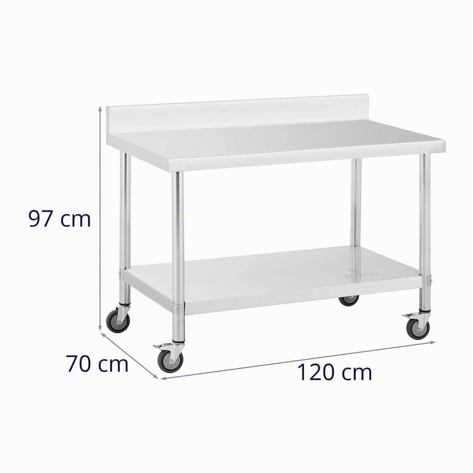 Royal Catering RCAT-120/70-WS Edelstahltisch mit Rollen und Aufkantung, 70 x 120 cm, 158 kg Tragkraft, Arbeitstisch