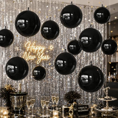 Image of 14 Pcs Black Round Foil Balloons Halloween Black 4D Ball Balloons