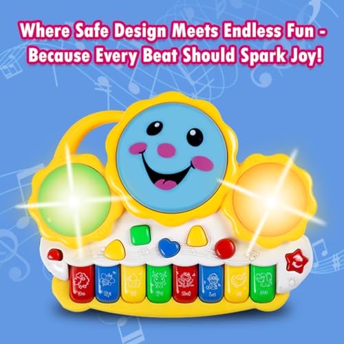 Image of Gooyo GY-88034 Musical Drum & Electronic Piano Keyboard Toy with Animals Sounds Flashings Lights & Music | Piano Keyboard Toy for Kids | Yellow | 3xAA Battery (Not Included) | Gift Box Packaging