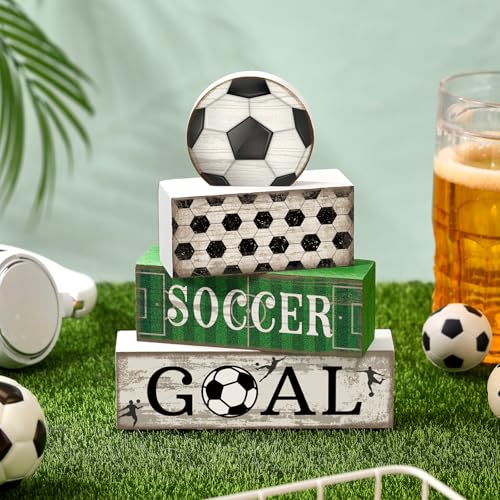 Image of Moucuny 4 Pcs Soccer Party Decorations Soccer Table Centerpiece Football Tiered Tray Decor Wooden Ball Block Signs Gift Sports Themed Table Decorations for Boys Baby Shower Party Supplies Decor