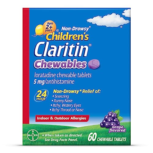 Childrens Claritin Chewables 24 Hour Allergy Relief Non Drowsy Kids Allergy Medicine Grape Antihistamine Chewable Tablets 60 Count