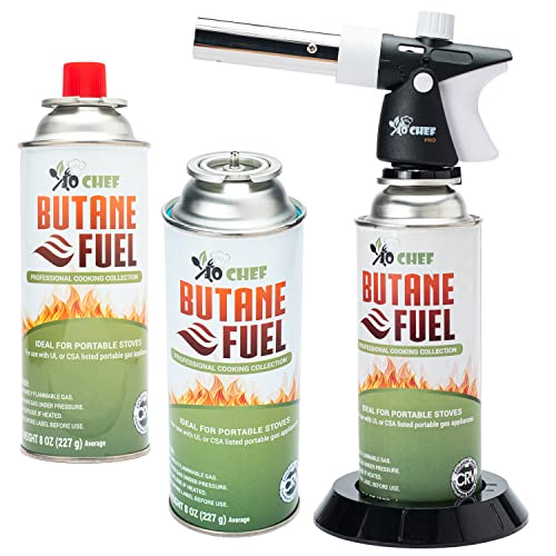 Jo Chef Pro Butane Torch Lighter - Refillable Butane Torch Head, Small Butane Torch With Safety Lock & Adjustable Flame - Culinary Blow Torch, Creme Brulee Torch, Baking, Included 3 Butane Canisters #TOP8