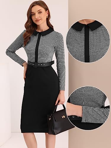 Allegra K Business Dress for Women's Work Elegant Contrast Placket Houndstooth Bodycon Dress with Belt2