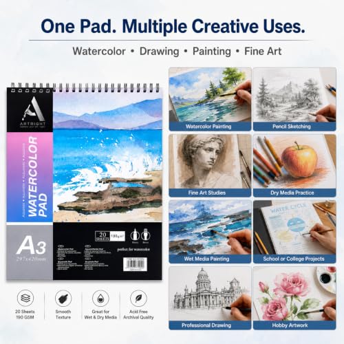 Image of ArtRight Artists' Watercolor Paper Pad A3 190 GSM - 20 Sheets of Handmade Rough Grain Water Colour Papers, Ideal for Artist, Professional Drawing, Painting Dry & Wet, Fine Art, School, Student, Watercolor