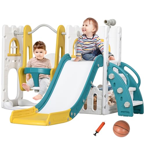 Qaba 6-in-1 Kids Slide and Swing Set with Telescope for 1-3 Years Yellow