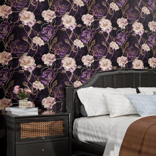 Image of VKR Premium Luxury Floral Self Adhesive Wallpaper Roll for Bedroom Living Room Furniture & Cabinets, Peel & Stick Decorative Wall Covering for Home Decor (45 x 300 cm, Purple Gold Rose Design)