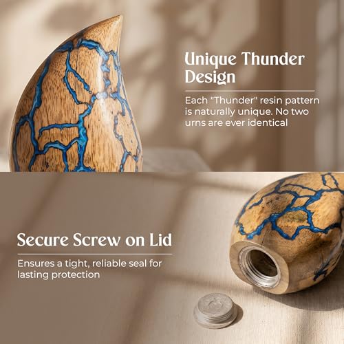 Image of Wooden Teardrop Cremation Urns for Human Ashes - 3 Cubic Inches Funeral Memorial Urn for Women & Men - Blue Decorative Keepsake Burial Urn for Male or Female Memorial Display