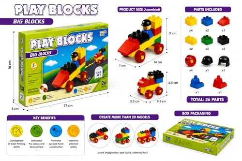 Image of Negi Play Block CAR Set Play Blocks Big Blocks Car Set, 26 Pieces Educational Building Blocks Toy for Kids 3+ Years, Colorful Interlocking Construction Set