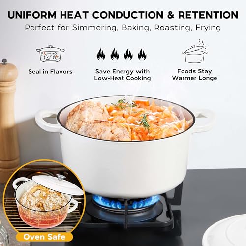 Onader 6 Quart Dutch Oven Pot with Lid, Enameled Cast Iron Round Dutch Oven for Sourdough Bread Baking - White