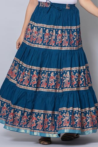 Image of Women's Cotton Printed Long Skirt | Ethnic Folk Print Tiered Maxi Skirt for Women | Elastic Waist Flared Boho Skirt | Traditional Casual for Women