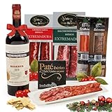 FAMILYCOM. Cesta Navidad Gourmet. Surtido con Ibericos para Regalo. Lote de Ibericos, Embutidos, Selección de Vino, Sobrasada, Morcilla, Paté.