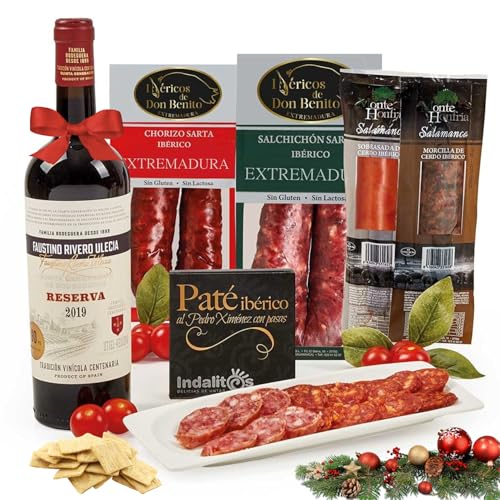 FAMILYCOM. Cesta Navidad Gourmet. Surtido con Ibericos para Regalo. Lote de Ibericos, Embutidos, Selección de Vino, Sobrasada, Morcilla, Paté FAMILYCOM. Cesta Navidad Gourmet. Surtido con Ibericos para Regalo. Lote de Ibericos, Embutidos, Selección de Vino, Sobrasada, Morcilla, Paté
