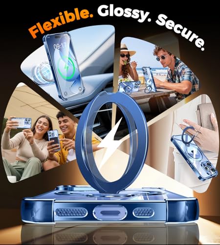 Image of Soft Case for iPhone 15 Pro with 360 Rotating Magnetic Stand, Compatible with Mag-Safe, 4X MIL-Drop Protection, Lightweight Glossy Anti-Yellowing Clear Back Phone Cover for iPhone 15 Pro 6.1 inch, Blue
