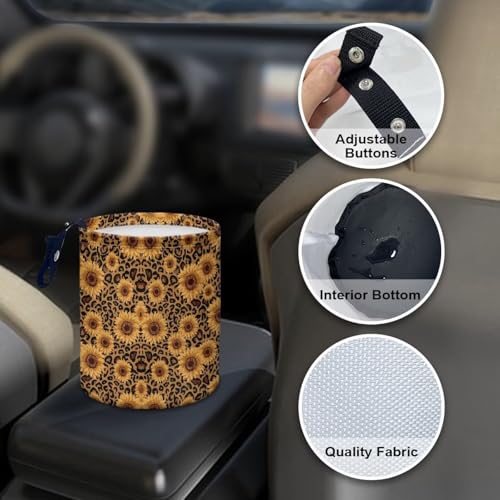 Image of Sunflower Leopard Printed Car Rubbish Bin Portable Driver Garbage Small Mini Can Travel Hanging Garbage Organizer Bag, Large Capacity