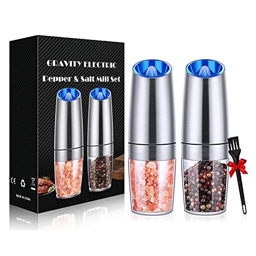 Pepper Grinder Set Automatic Pepper Gravity Electric Salt Mill Grinder Battery-Operated with Adjustable Coarseness, LED Light, One Hand Operated