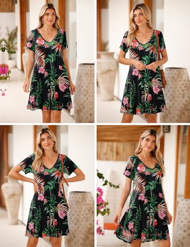 Image of JollieLovin Women T Shirt Plus Size Summer Swing Dresses Short Sleeve V Neck Loose Casual Dress(L-5X)