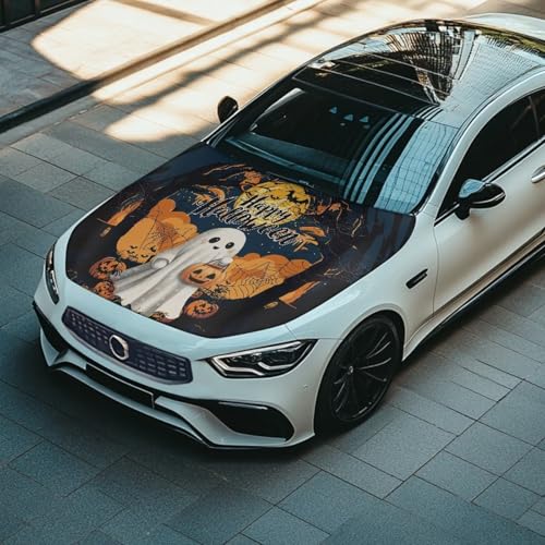 Image of Halloween Design Car Hood Cover Protector 59x39 Inch Stretchable Auto Hood Wraps Waterproof Automotive Exterior Accessories for Most SUV Sedans Trucks