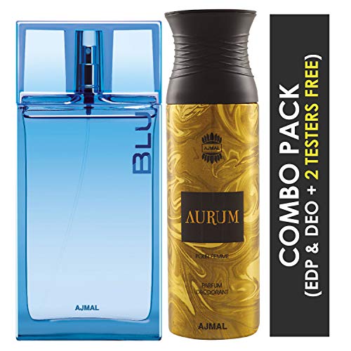 Ajmal Blu EDP Aquatic Woody Perfume 90ml for Men and Aurum Femme Deodorant Fruity Floral Fragrance 200ml for Women+ 2 Parfum Testers FREE - Image 2