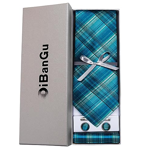 Image of DiBanGu Plaid Ties for Men Silk Checkered Necktie and Pocket Square Cufflinks Tie Clip Set with Gift Box for Wedding Business