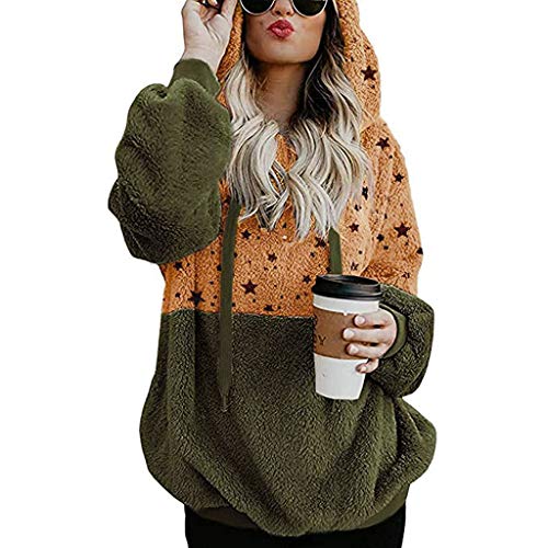 SALIFUN Womens Colorblock Star Print Zipper Oversized Sherpa Pullover Hoodies Fuzzy Fleece Hooded Sweatshirts with Pockets Jackets