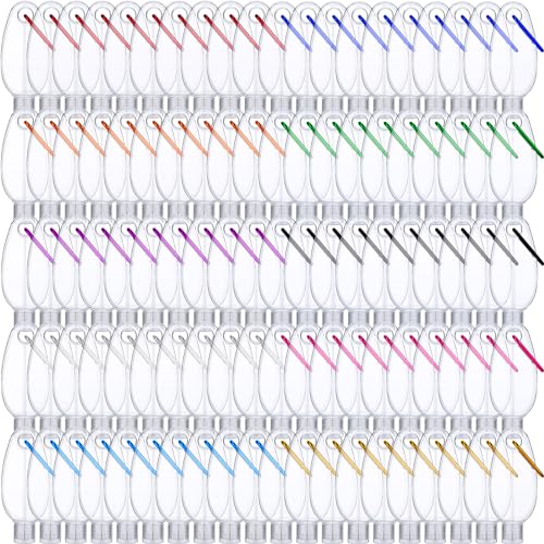 100 Pcs Traveling Bottles with Keychain 2oz Clear Keychain Bottle Plastic Empty Refillable Liquid Packing Container Squeeze Plastic with Lid for Liquid Cream (Oval)