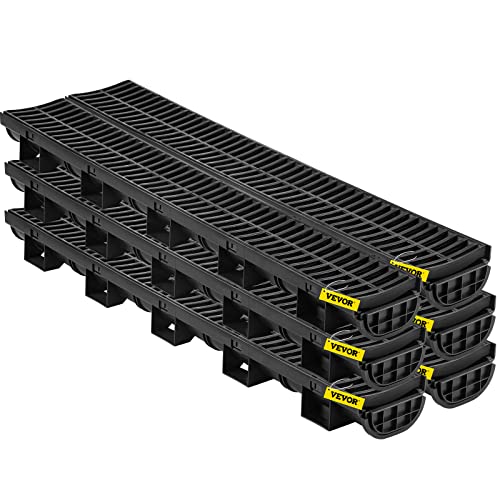 VEVOR Trench Drain System 6 Pack Channel Drain with Plastic Grate 5.8 x 3.1 in HDPE Drainage Trench Black Plastic Garage Floor Waterway 6 x 39 in with 6 End Caps for Garden Driveway