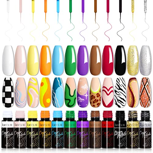 LILY'CUTE 12 Gel Liner Nail Art, Farben Gel Liner Nail Herbst Winter, UV Nagellack Liner Dunkelheit & Glitter Nail Gel Polish Set for Drawing Lines, Nagel Kunst Farbgel Nagelgel Cover