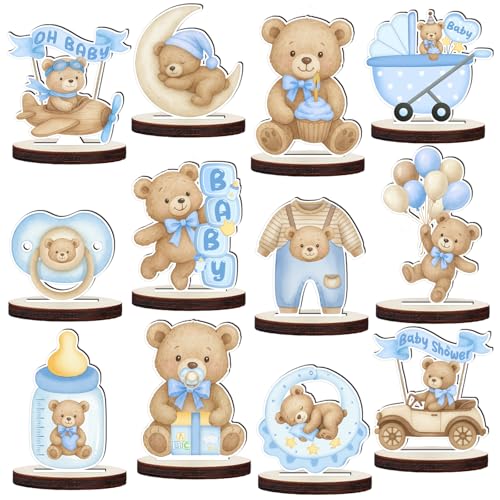 JoviyoFy 12 Pcs Wooden Baby Shower Centerpieces for Tables - Secure Fit Bear Table Decorations for Gender Reveal - Double Sided Blue Bear Table Toppers for Birthday Party Decor Photo Props