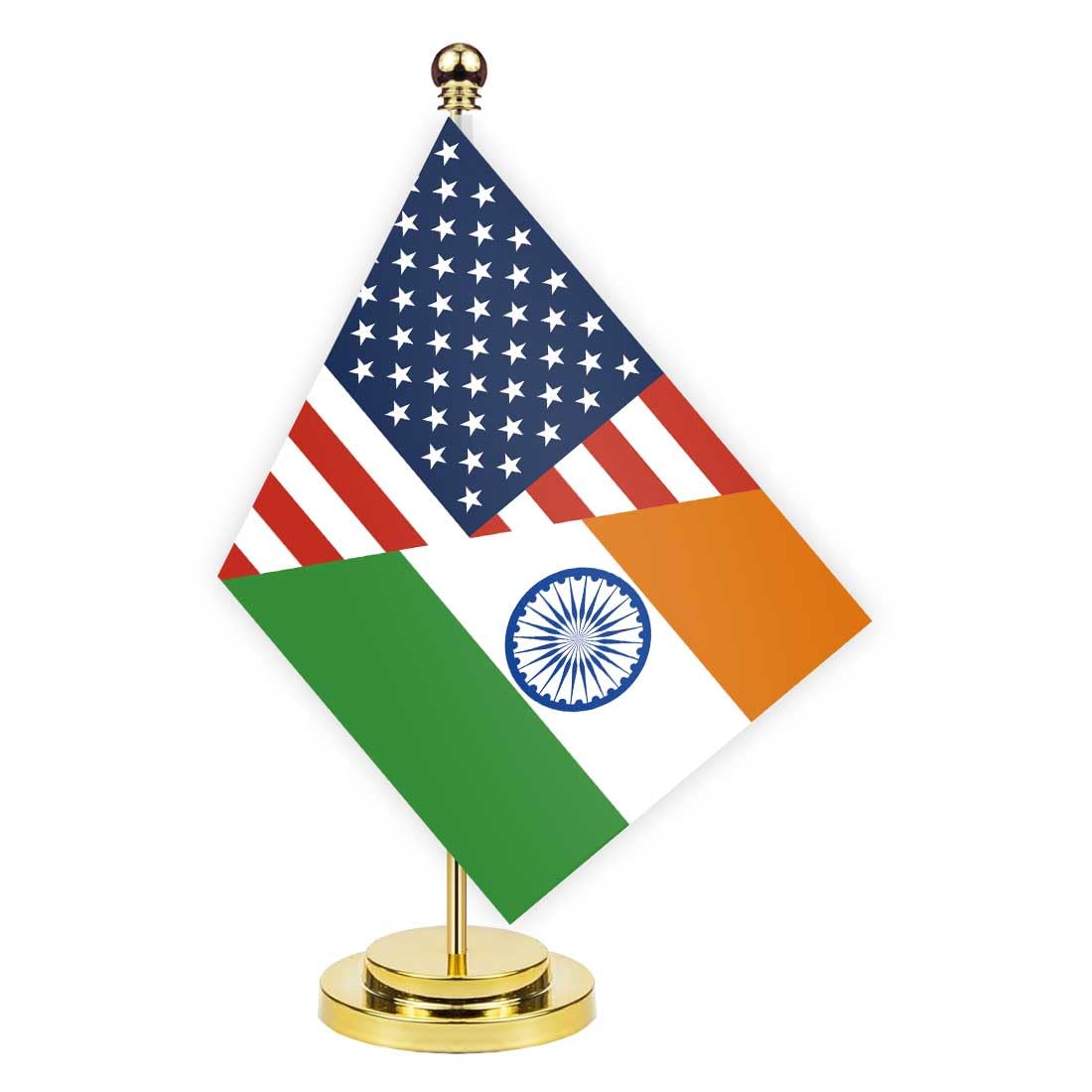 India USA Friendship Desk Flag With Golden Base,12 inch Tall Small Indian Indoor Banner,Tiny Printing Decor For Office Home Table