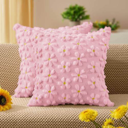 Image of DFXSZ Spring Summer Pillow Covers 20x20 inch Set of 2 Pink Daisy | Farmhouse Decor Soft Plush Faux Fur Jacquard Throw Pillow Covers|For Spring Holiday Sofa Home Decor