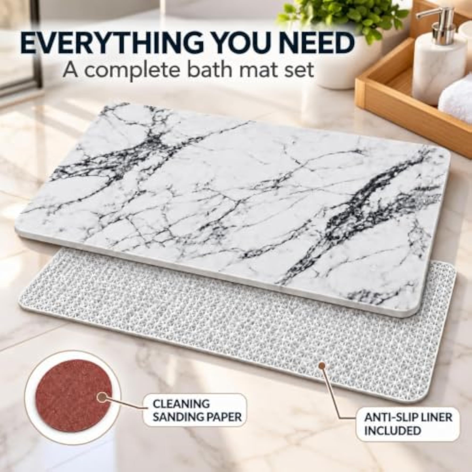 White Marble Print Diatomite Bath Mat, Quick Dry