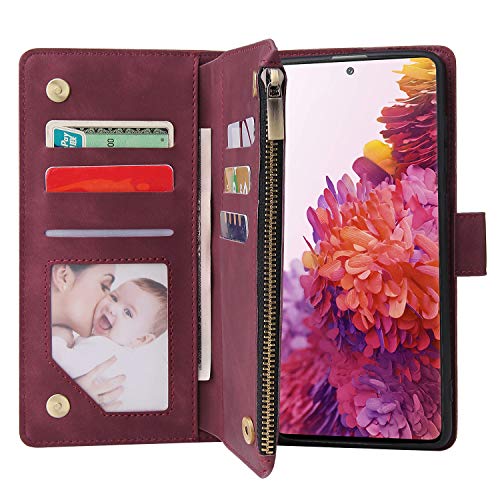 Lbyzcase Phone Case For Galaxy S20 Plus,Samsung S20+ 5G Wallet Case,Luxury Folio Flip Leather Cover[Zipper Pocket][Wrist Strap][Kickstand ] For Samsung Galaxy S20 Plus(Wine Red) #TOP1