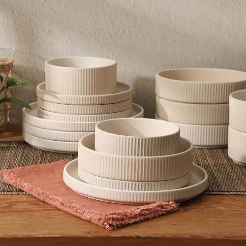 Image of Gibson Elite Deerfield 16-Piece Stoneware Dinnerware Set - Cream White Reactive Glaze Plates and Bowls, Stackable Design, Service for 4 - Dishwasher & Microwave Safe