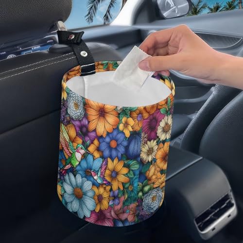 Image of Hummingbird Flower Car Trash Can Leak Proof Waste Basket Container Bag Bin Hanging Cup Holder Organizer with Strap Mini Car Interior Accessories for Auto, Car, Camping, Travelling
