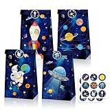COSFAN 12Pack Outer Space Favor Bags Planet Solar System Treat Bags Astronaut Alien Themed Party Goodie Bags with Stickers Meteorite Rocket Gift Bags Galaxy Universe Kraft Paper Bags for Birthday