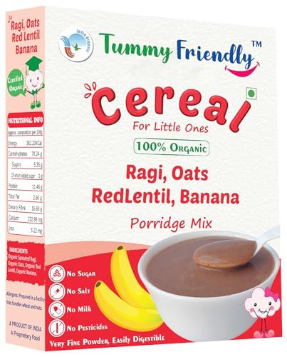 Image of TummyFriendly Foods Organic Sprouted Ragi Almond Dates Porridge Mix | Made of Sprouted Ragi Powder for baby | Available in Trial Baby Packs too | Shelf-life 9 month | 200g (Banana)