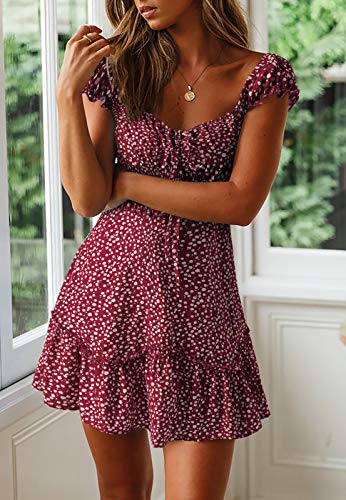 Image of Valphsio Womens Smocked Dress Ruffle Floral Tie Front Boho Short Dresses