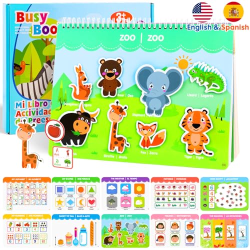 Image of Spanish & English Bilingual Montessori Books for Toddlers 3-4-5, Pre-Assembled Reusable Sticker Activities Toy for Kids to Learn Spanish - Speech Therapy Easter Gifts for Kid - Juguetes Para Niñas